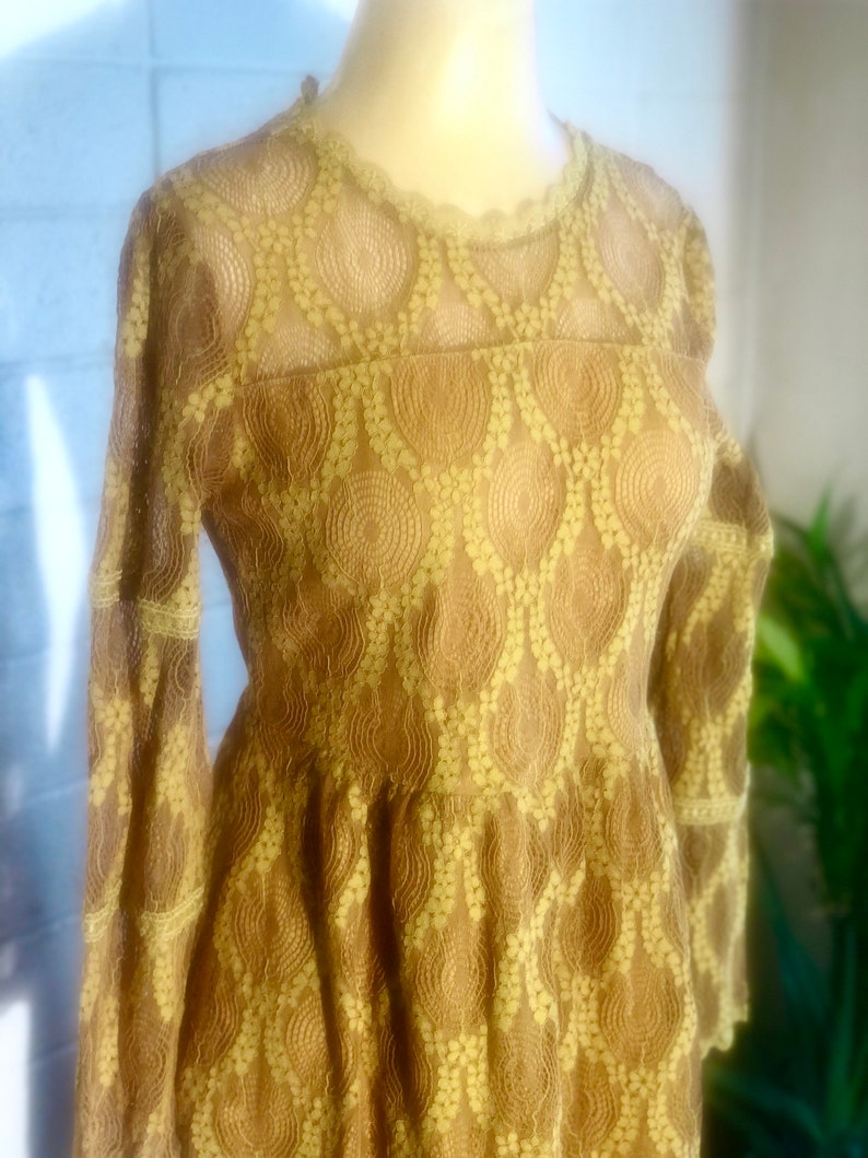 Chartreuse Lace Dress sm vintage open crochet boxy