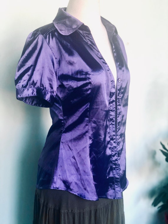 90s Shiny Purple Blouse charmeuse / baby doll sle… - image 3
