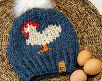 Chicken Beanie in Denim with detachable 6”Faux Fur Pom Pom |Women’s Beanie | Wool Blend |Adult Hat | Ready to Ship | Farm Wear