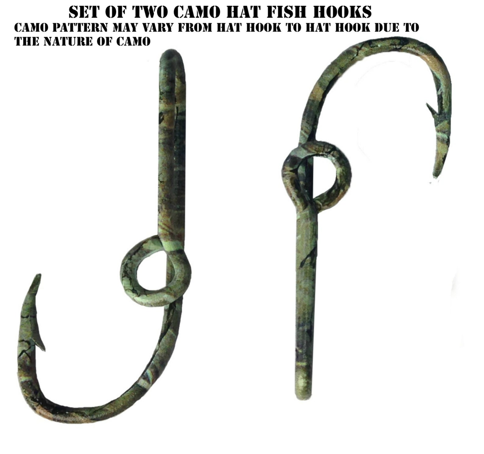 Set of Two Camo Fish Hook Hat Pin 2 Fish Hooks for Cap Brim or Bill Hat