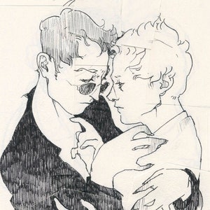 May include: A black and white line drawing of two people embracing. The person on the left is wearing sunglasses and a suit jacket. The person on the right is wearing a collared shirt.