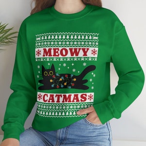 Christmas Cat Sweatshirt, Ugly Christmas Cat Sweatshirt, Meowy Catmas Sweatshirt
