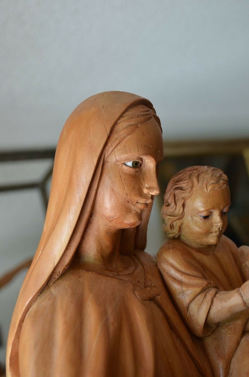 Hand Carved Wood Madonna Virgin Mary and Child Jesus Sculpture Statue ...