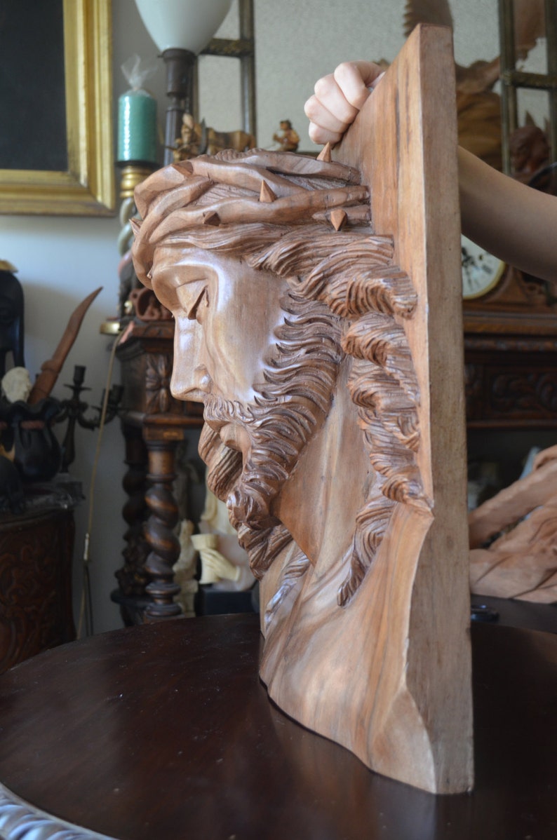 Hand Carved Wood Christ Jesus Head Sculpture Panel Religious Etsy