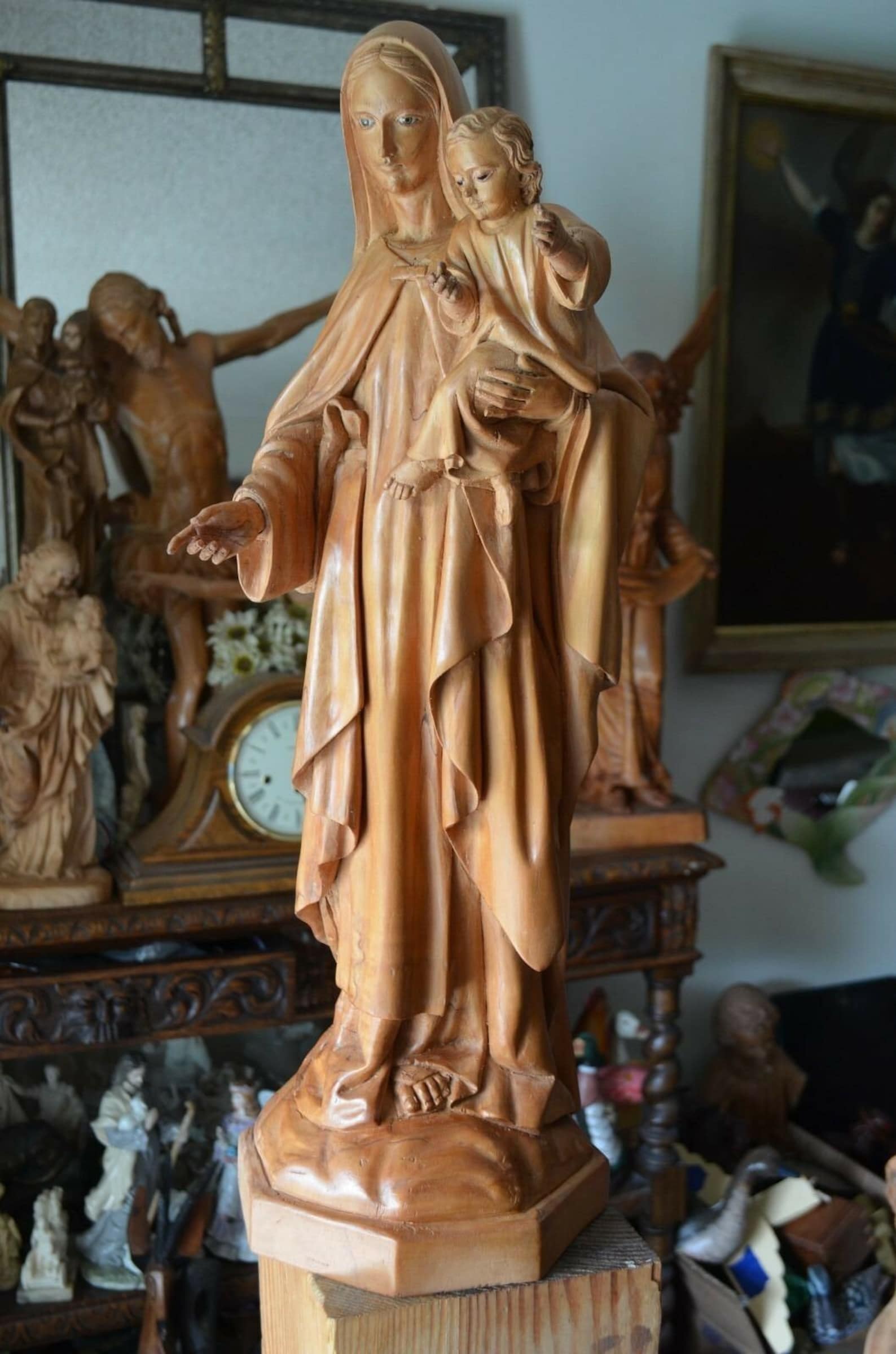 Hand Carved Wood Madonna Virgin Mary and Child Jesus Sculpture Statue ...