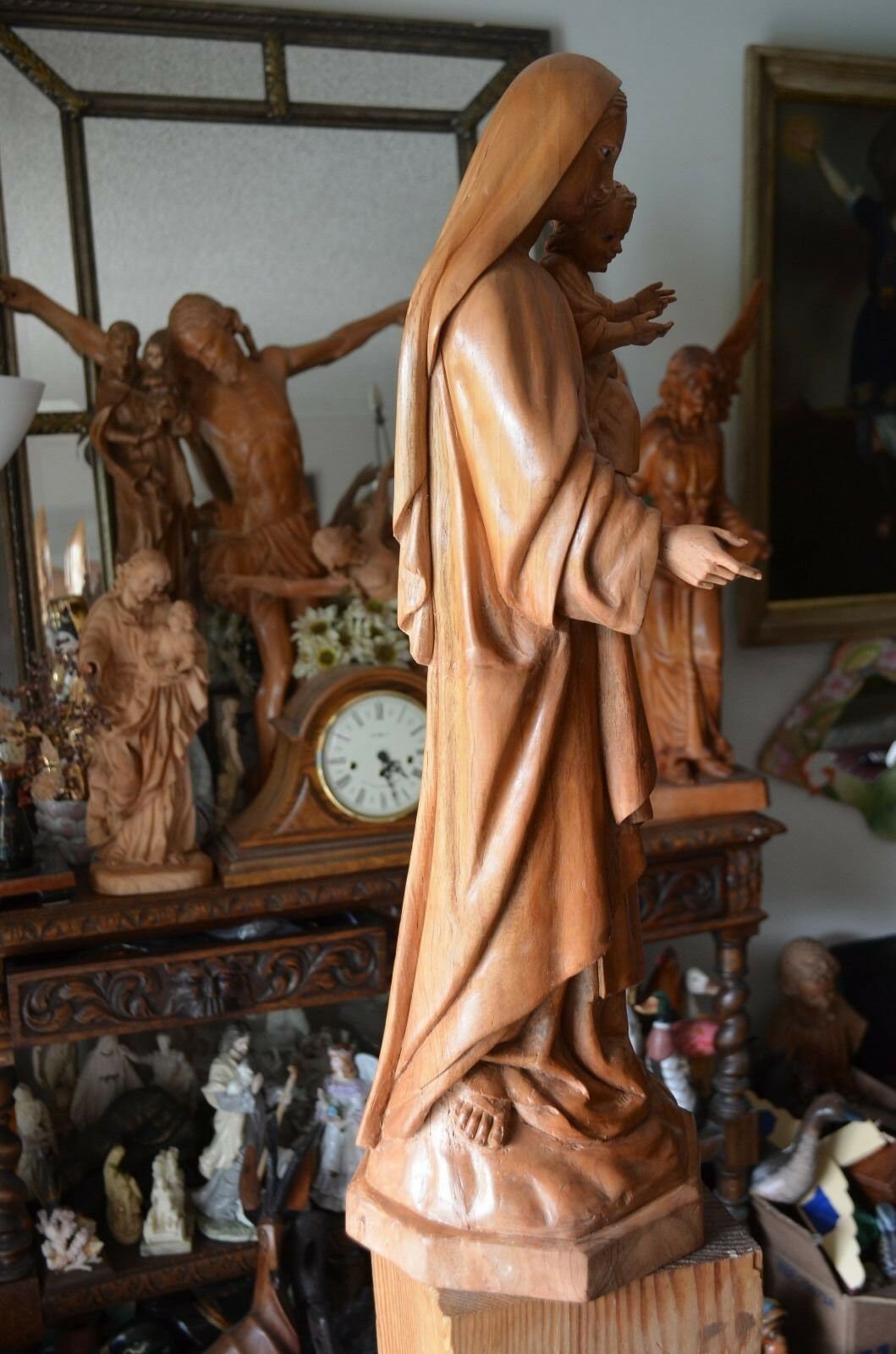 Hand Carved Wood Madonna Virgin Mary and Child Jesus Sculpture Statue ...