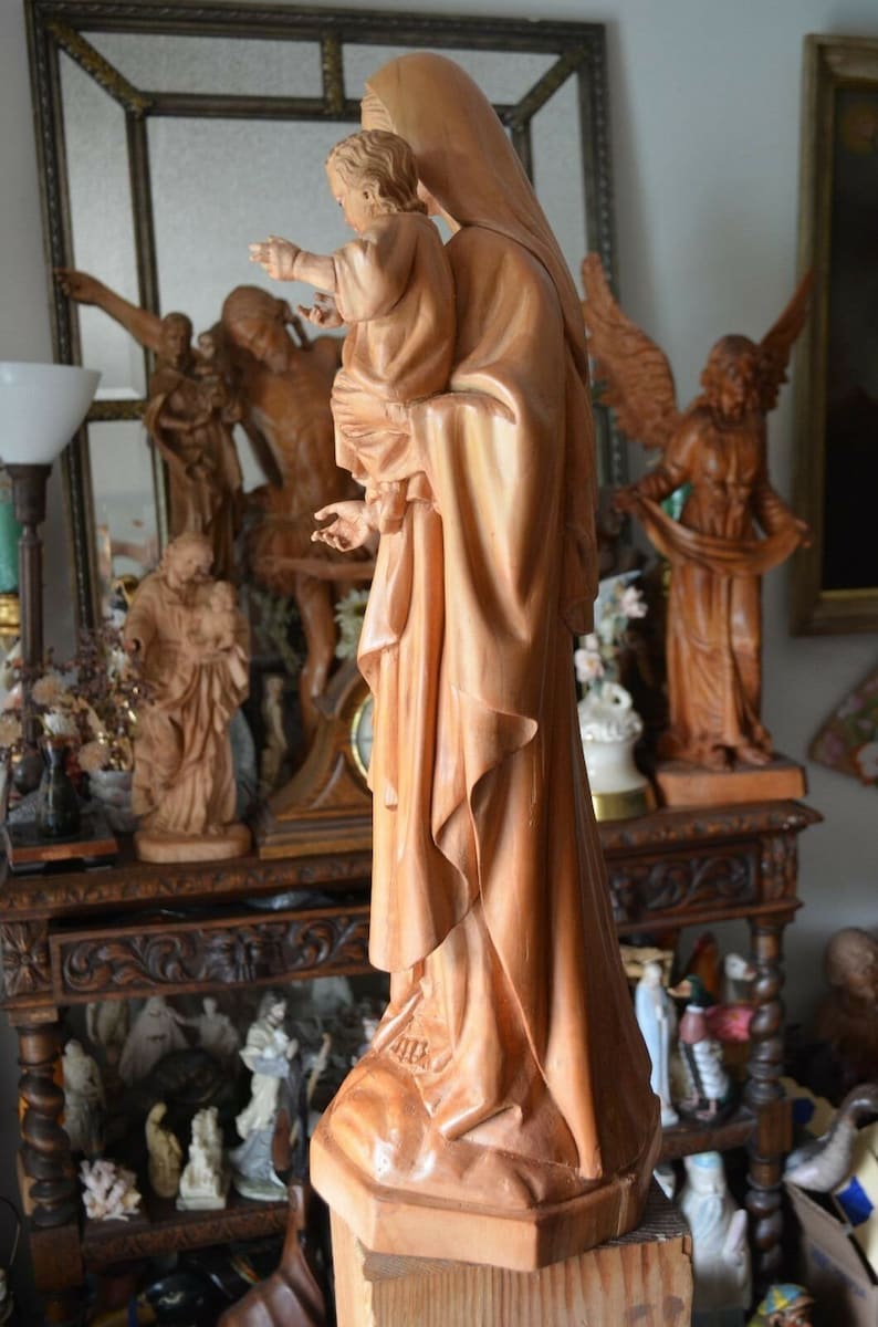Hand Carved Wood Madonna Virgin Mary and Child Jesus Sculpture Statue ...