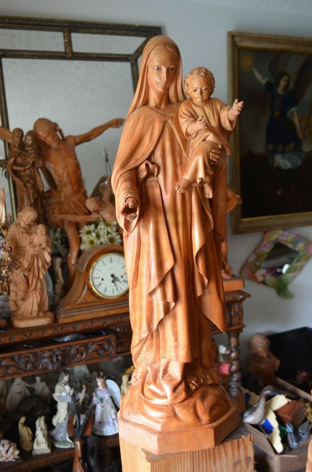 Hand Carved Wood Madonna Virgin Mary and Child Jesus Sculpture Statue ...