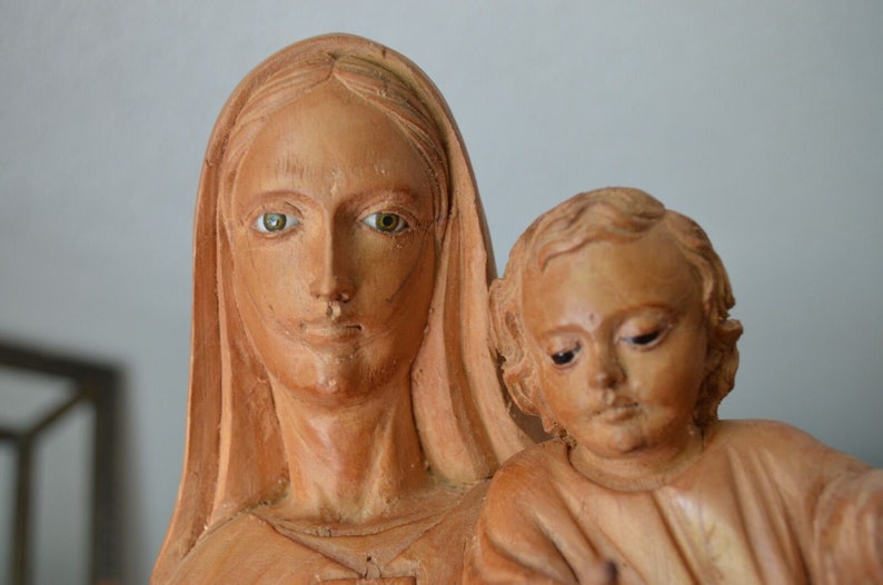 Hand Carved Wood Madonna Virgin Mary and Child Jesus Sculpture Statue ...