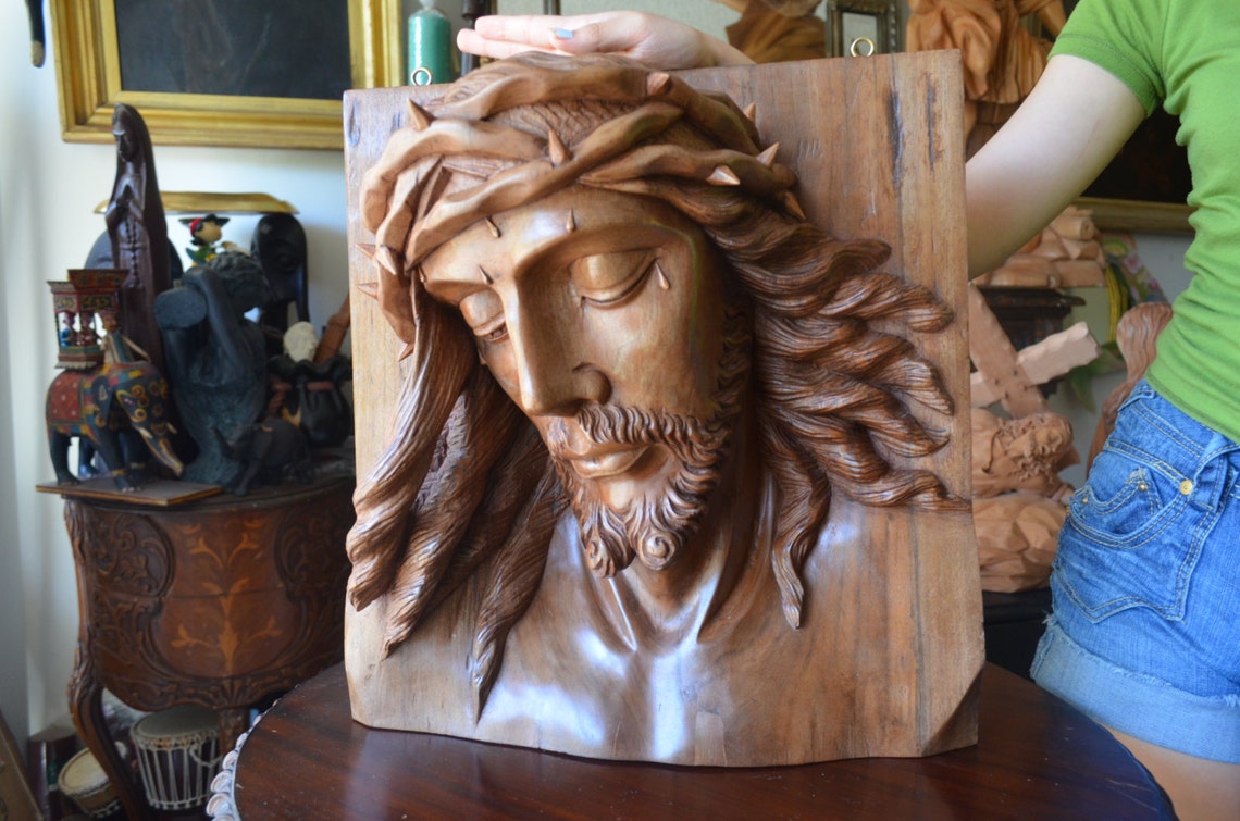 Hand Carved Wood Christ Jesus Head Sculpture Panel Religious Etsy