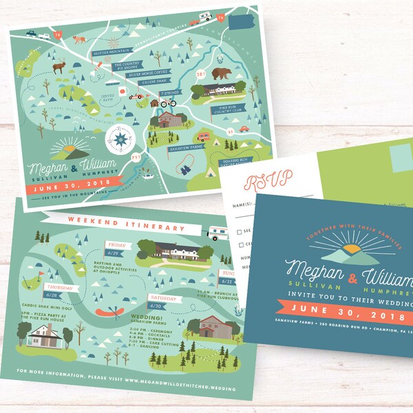Map Invitation Suite, Save the Date, Reply card, Itinerary, Printable File - Wedding Invitation - Any Location