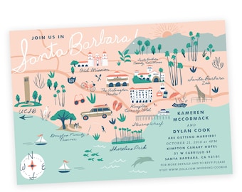 Custom Wedding Invitation Map, Save the Date, Welcome Map, Itinerary, Printable File-Santa Barbara-Any Location