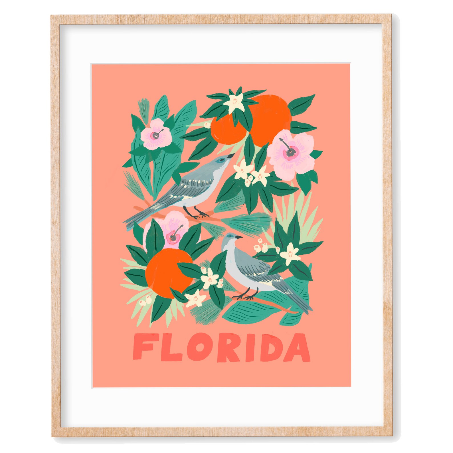 Florida State Bird and Flower Print Mockingbird and Orange Etsy
