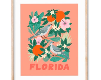 Florida State Bird and Flower Print - Mockingbird and Orange Blossom - 11x14"