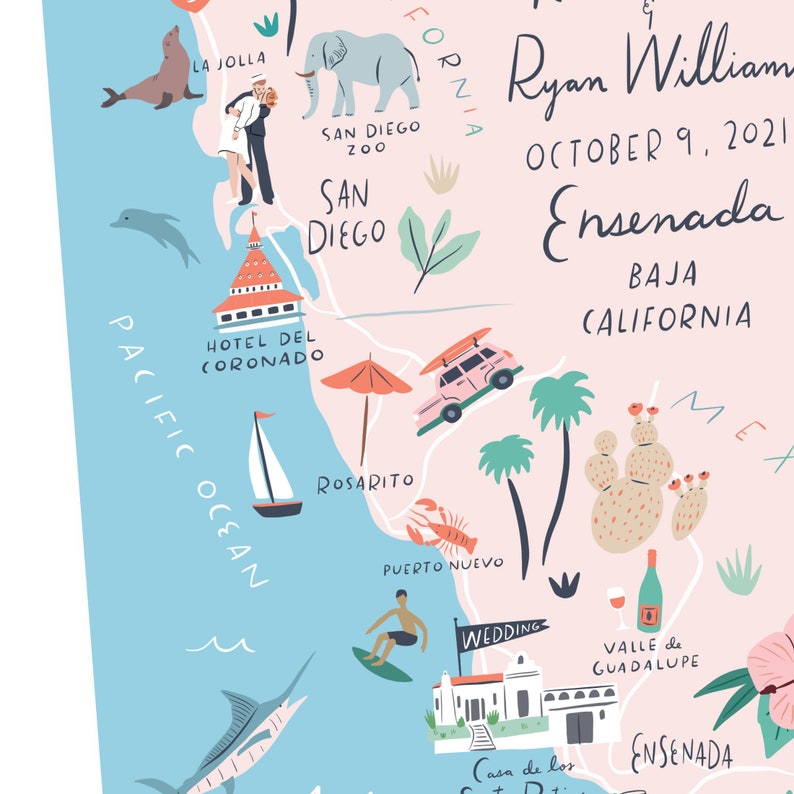 Custom Wedding Invitation Map, Save the Date, Welcome Map, Itinerary, Printable File-Baja-California-Mexico-Any Location image 5