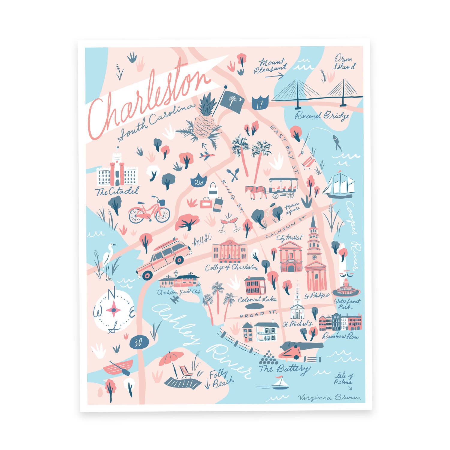 Charleston Map Print Charleston, South Carolina Rainbow Row, Downtown, City  Market, Sailboats, St. Philip's, Folly Beach 