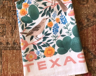 Texas Tea Towel - Mockingbird, Bluebonnets, Cacti & Wildflowers