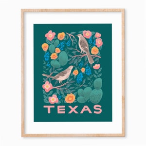 Texas State Bird and Flower Print - Mockingbird and Bluebonnet - 11x14"