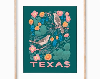 Texas State Bird and Flower Print - Mockingbird and Bluebonnet - 11x14"
