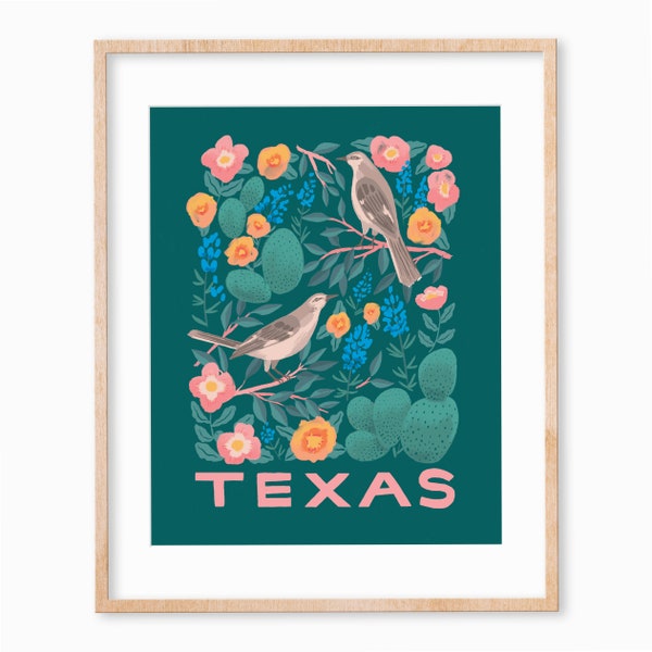 Texas State Bird and Flower Print - Mockingbird and Bluebonnet - 11x14"