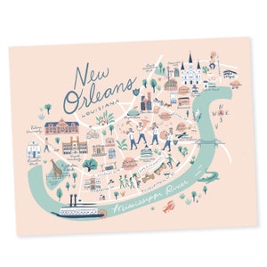 May include: A colorful illustrated map of New Orleans, Louisiana, with landmarks and points of interest. The map features a light pink background with blue and green accents. The Mississippi River is shown in blue, with a green alligator and a red crab. The map includes text labels for various locations, including Tulane University, Audubon Park, Garden District, and Tchopitoulas Street.