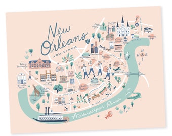 New Orleans Map Print - New Orleans, Louisiana - Jackson Square, Garden District, French Quarter, Tulane, Loyola, Audubon, Preservation Hall