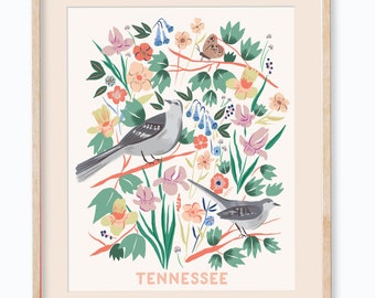 Tennessee State Bird and Flower Print - Mockingbird and Iris - 11x14"