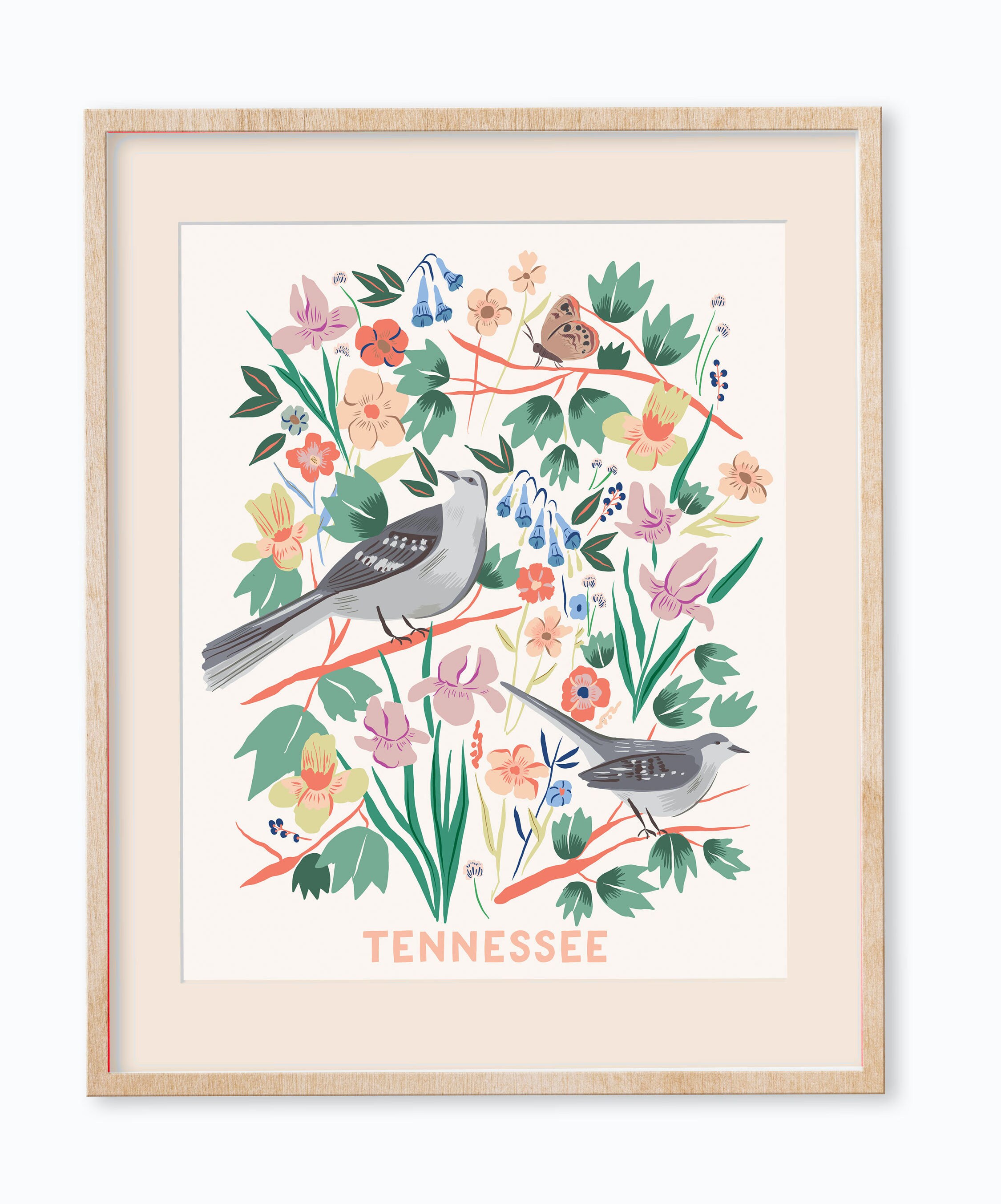 Tennessee State Bird and Flower Print - Mockingbird and Iris - 11x14"