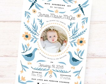 Birth Announcement Card - Pink Spring Garden (Girl) or Blue Pond Friends (Boy)