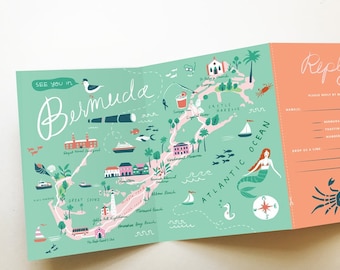 Wedding Invitation Map - Tri-fold Invitation - Bermuda - Destination Wedding - Any Location