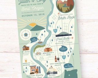Custom Wedding Map, Wedding Invitation Insert, Save the Date, Schedule of Events, Itinerary, Printable File - Bend, Oregon - Any Location