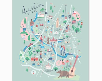 Austin Map Print - Texas - University of Texas, South Congress, Willie Nelson, Lake Austin, Ladybird Lake, St. Edwards, Barton Springs Pool