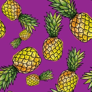 Puede incluir: Un patrón sin costuras con piñas amarillas con hojas verdes sobre un fondo morado. Las piñas están dibujadas en un estilo de dibujos animados con una textura detallada.