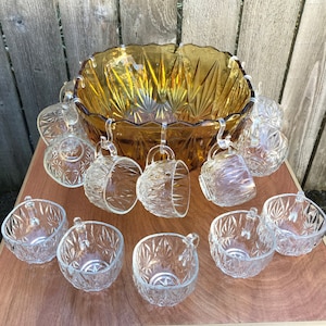 Vintage Punch Bowl, Hazel Atlas, Gold Punch Bowl, 12 Punch Glasses, Clear Glass, Hollywood Regency, MCD, 1970s