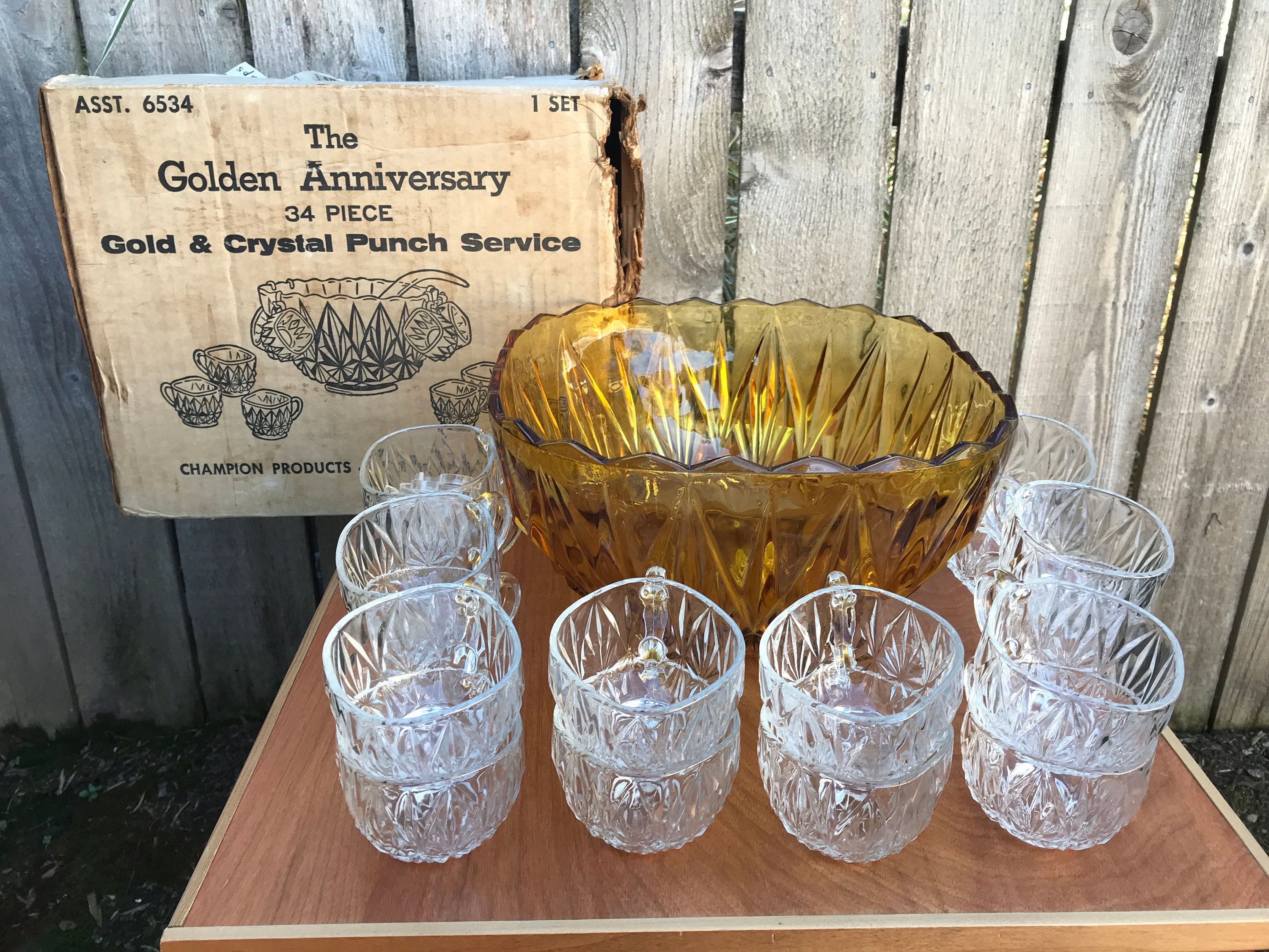 Vintage Hazel Atlas Gold Punch Bowl Set, Hollywood Regency, 12