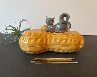 Vintage Nut Bowl, Serving Dish, Ceramic Squirrel, Includes Four Nutcracker Tools