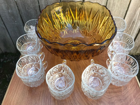 Vintage Hazel Atlas Gold Punch Bowl Set, Hollywood Regency, 12