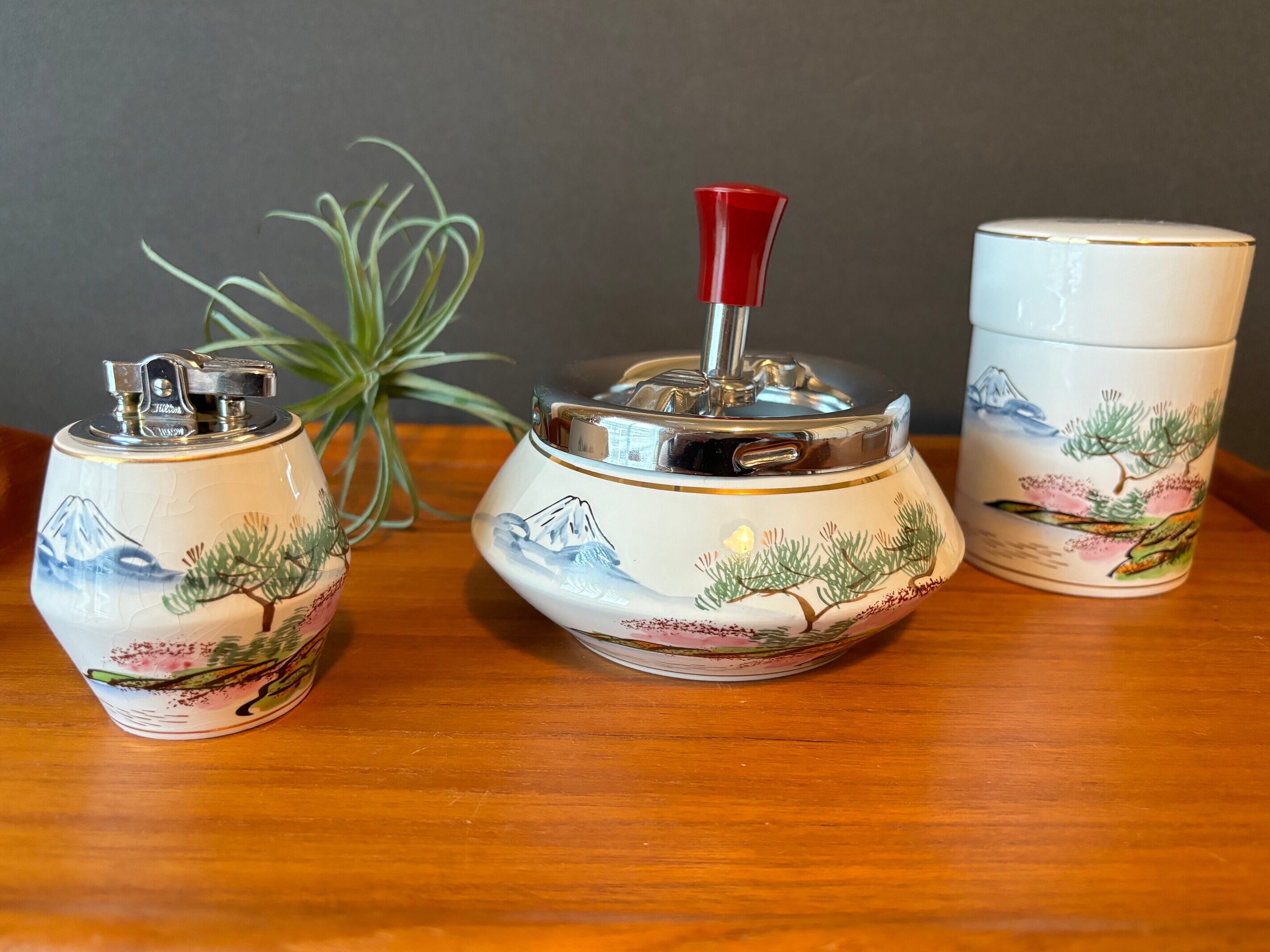 Vintage Kutani Ware Hand Painted Smoking Set, Cigarette Holder, Vintage Ashtray and Lighter, MCM, Vintage Barware