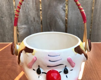 Vintage Clown Bowl, Vintage Clown, Made in Japan, Removable Wicker Handle, Printed Number on Bottom