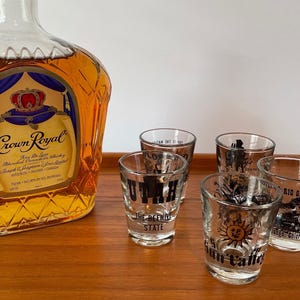 Vintage Shot Glasses, Souvenir Shot Glass, 22K Gold, MCM, Utah, Death Valley, Durango Colorado, Sun Valley and Colorado Designs, Black/Gold