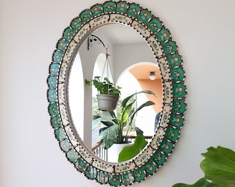 Beautiful Turquoise Mirror 70cm Oval Silver-Interior Decoration - Wall Mirror - Home Decoration- Decorative Mirrors - Peruvian Crafts