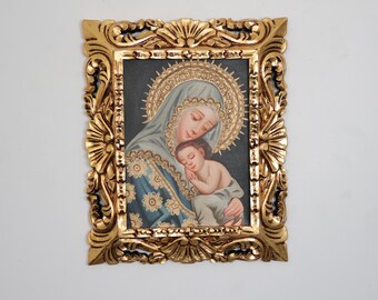Cuzco Painting with Frame "Maria with the Child" - Religious Art - Interior Decoration - Cusco School - Religious Painting 646