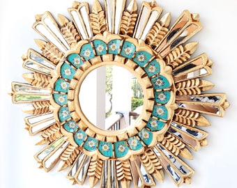 Peruvian Turquoise Gold Mountain Mirror 60 cm Handmade Wall Decor – Carved Wood Round Artistic Mirror for Living Room Bathroom