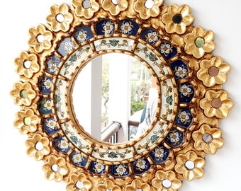 Peruvian Mirrors "Dark Blue Pink 40cm" - Wall Mirror - Home Decoration - Decorative Mirrors - Peruvian Crafts