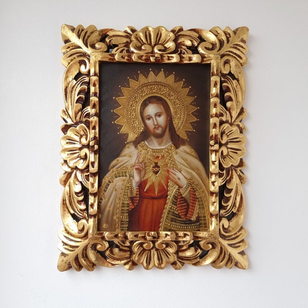 Cuzco Painting with Frame "Sacred Heart of Jesus" - Religious art - Interior decoration - Cusco school - Religious Painting 455