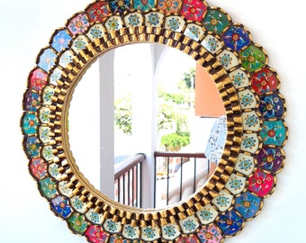 Large Round Gold Mirror – Colorful Boho Wall Mirror – Handmade Peruvian Mirror – Decorative Statement Mirror – Unique Home Decor