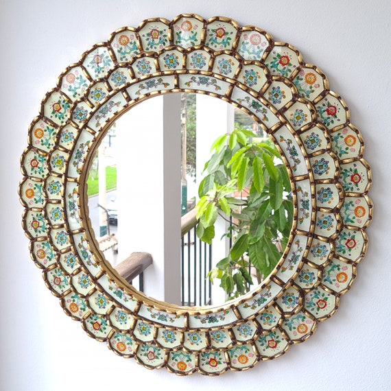 Large Round Gold Floral Mirror 60cm – Boho Wall Mirror – Handmade Peruvian Mirror – Decorative Statement Mirror