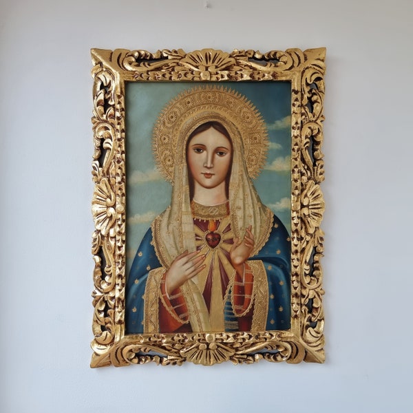Cuzqueña painting with frame "Sacred Heart of Mary" - Religious art - Decoration -Cuzco School - Religious Painting 822