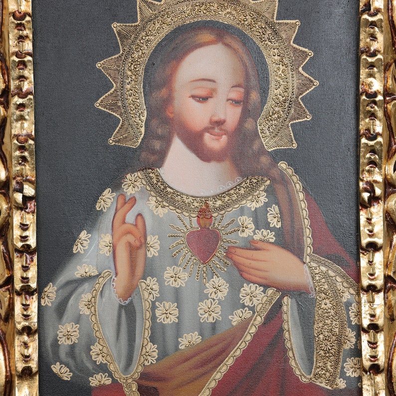 Cuzco Painting with Frame Sacred Heart Religious Art Interior Decoration Cusco School Religious Painting 644 image 3