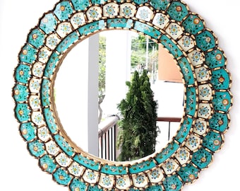 Round Turquoise and Gold Mirror 60cm – Boho Sunburst Wall Mirror – Handmade Peruvian Mirror – Decorative Statement Mirror